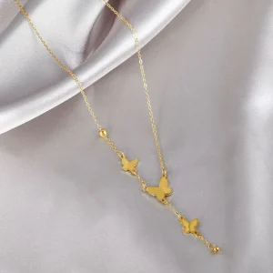 Golden Butterfly Cascade Lariat Necklace – Delicate Triple Butterfly Drop Jewelry