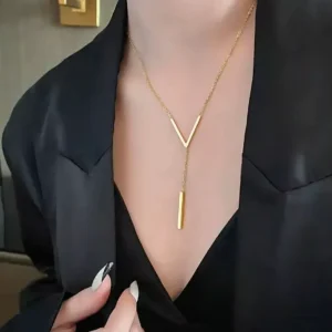 V-Shape Lariat Necklace – Geometric Gold Bar Drop Jewelry